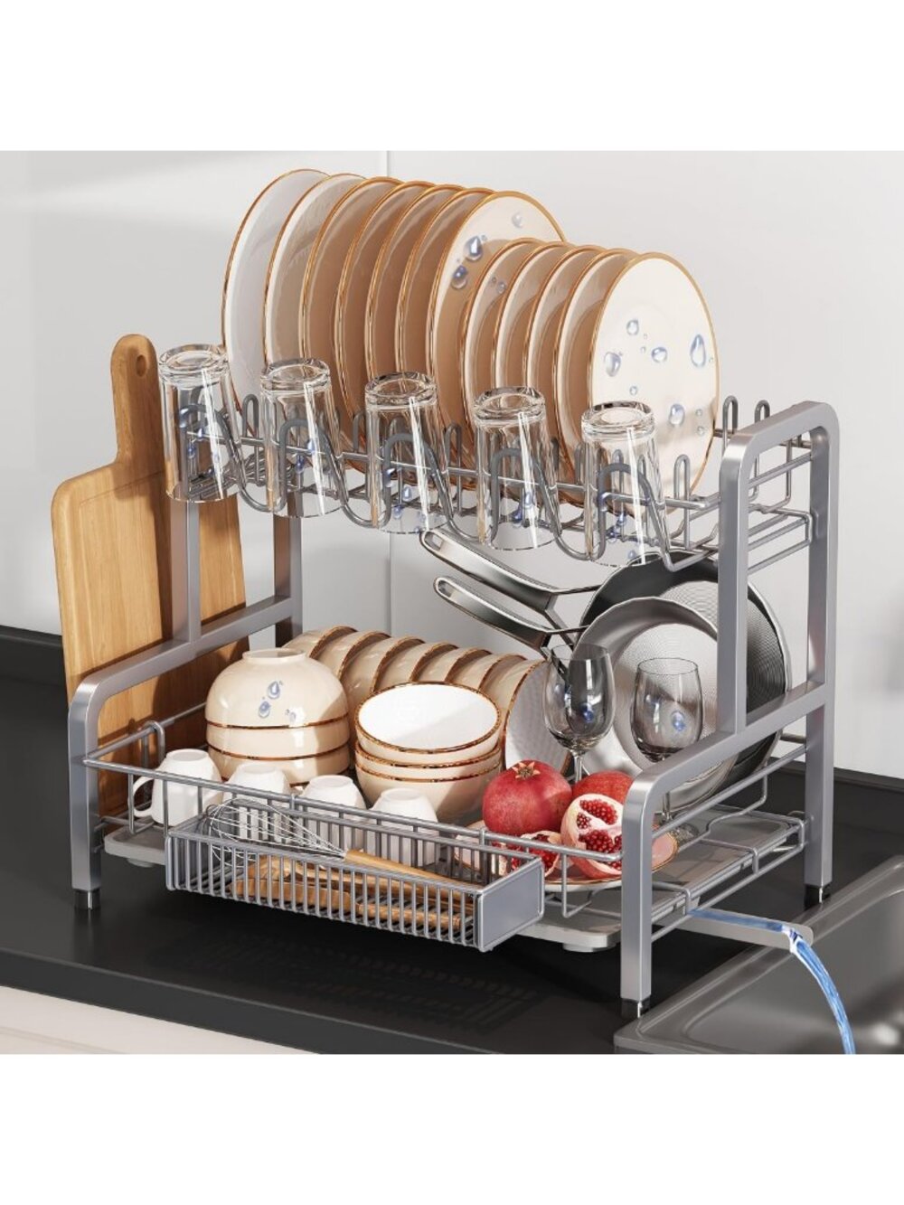 Large 2-Tier Stainless Steel Dish Drying Rack for Kitchen Counter Organization